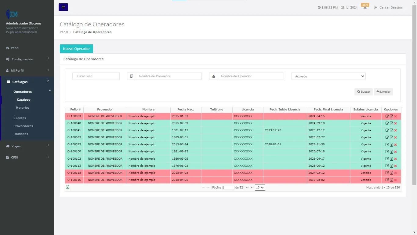 Interfaz de catálogo de operadores en sistema ERP web