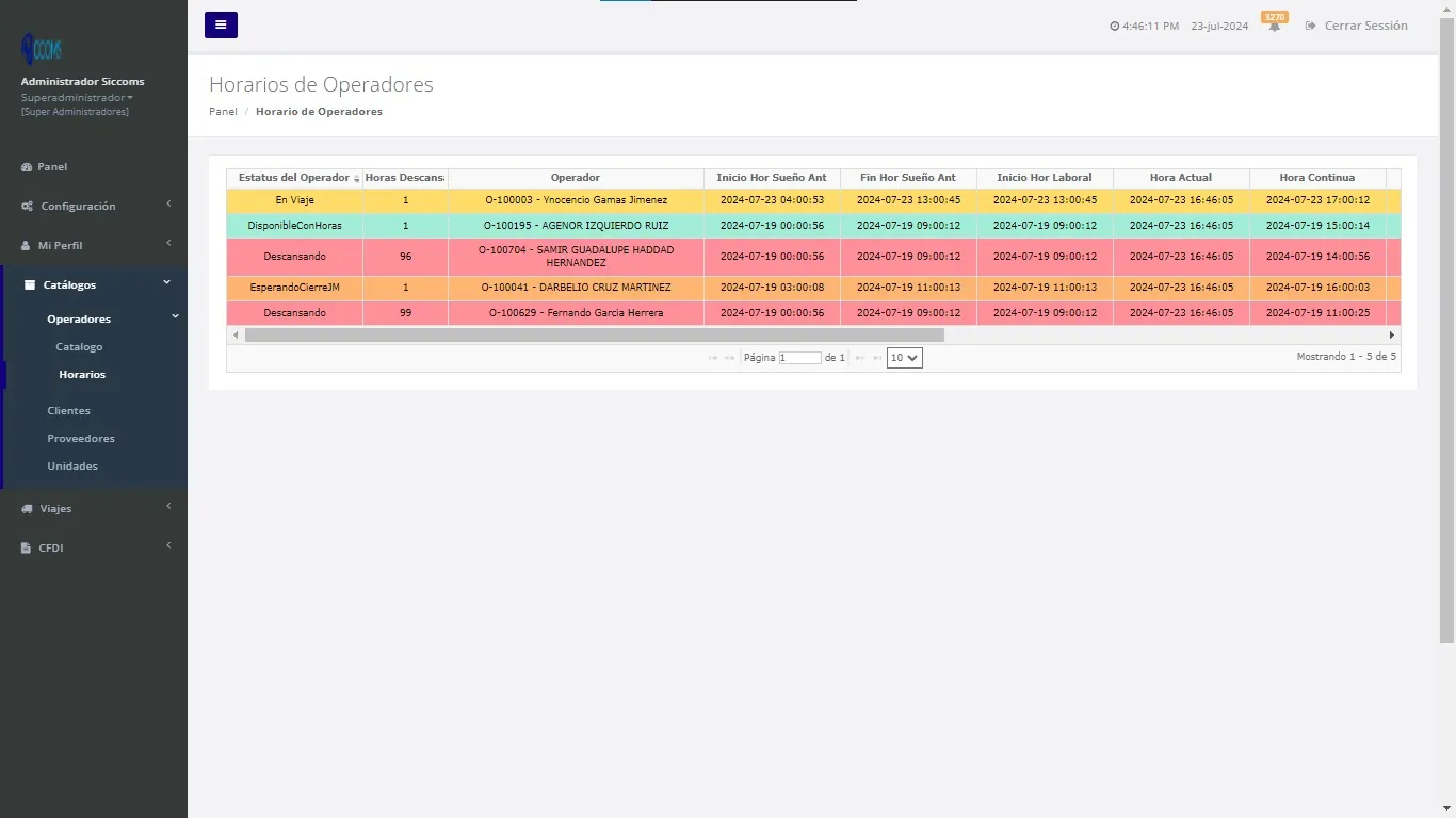 Interfaz de gestión de horarios en sistema ERP web